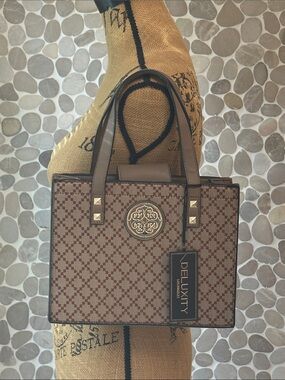 Deluxity Brown Patterned Satchel with Gold Emblem